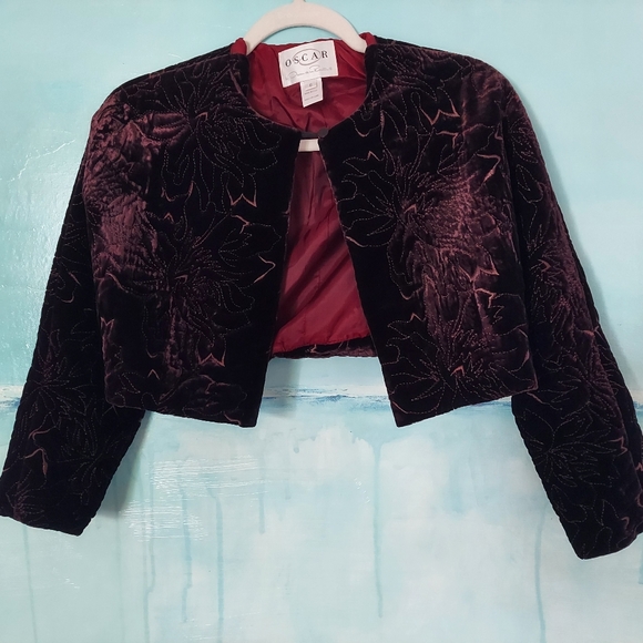 $500 OSCAR DE LA RENTA DARK BURGUNDY VELVET ROSE EMBROIDERED JACKET BOLERO US 6